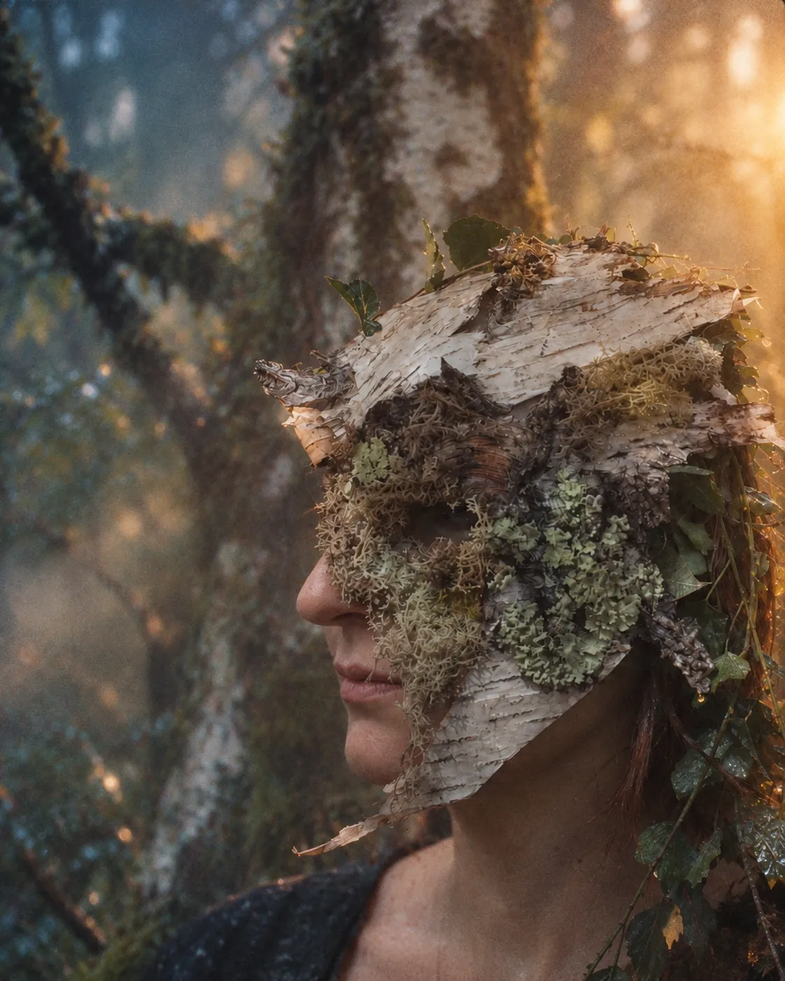 Hilbi portant le masque d’écorce de bouleau, de lichen et de mousse, en forêt